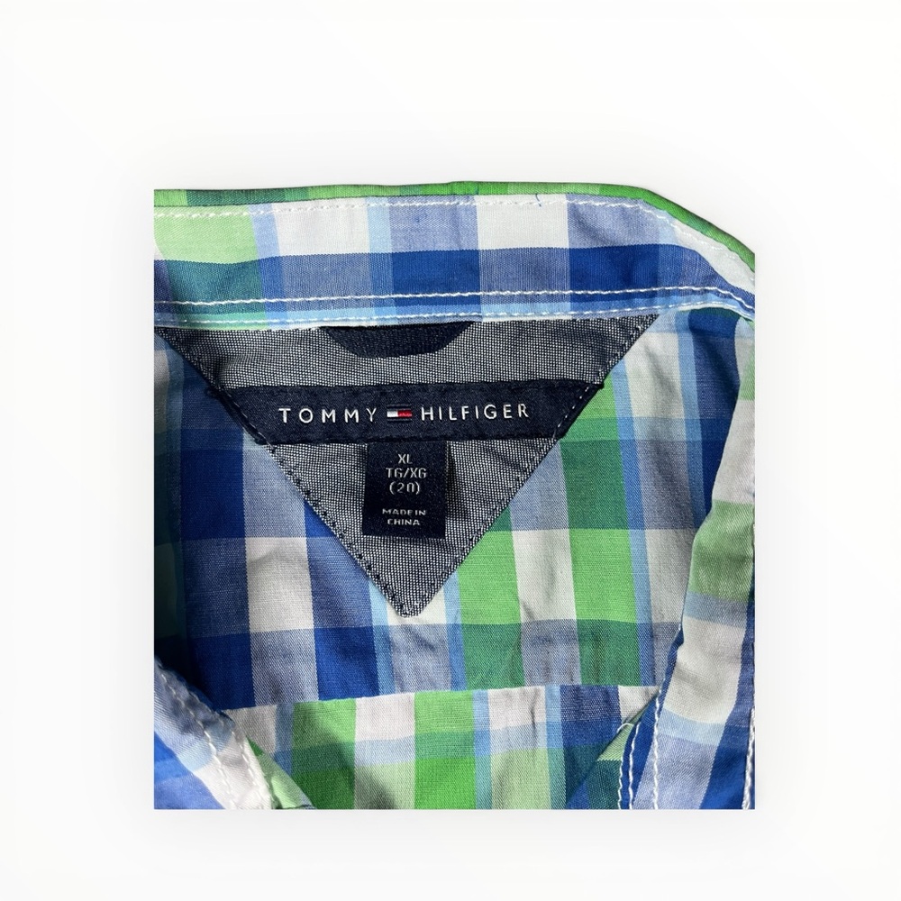 Tommy Hilfiger Boys Green & Blue Plaid Short-Sleeve Shirt - Picture 3 of 6